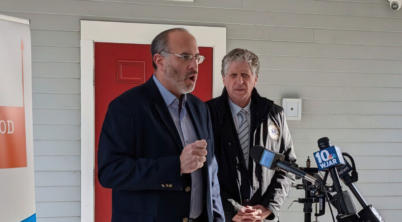 RI Housing Secretary Stefan Pryor speaks at news conference held at King Street Commons in Providence on Tuesday, February 7, 2023. Photo from Providence Business News