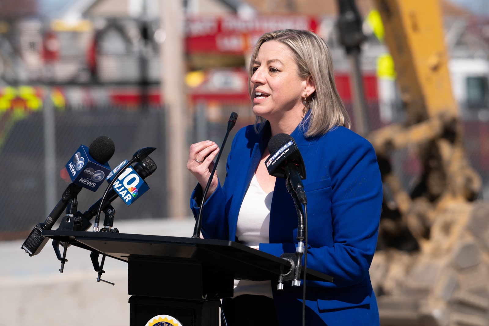 Lisa Guillette, Executive Director of Foster Forward, speaks at the groundbreaking event for the Residences at Riverside Square in East Providence on Monday, April 10, 2023. Photo by Stephen Ide/ONE Neighborhood Builders