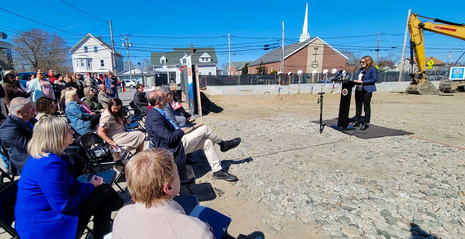Jennifer Hawkins, Executive Director of ONE Neighborhood Builders, speaks at the groundbreaking event on Monday, April 10, 2023. Photo by Stephen Ide/ONE Neighborhood Builders