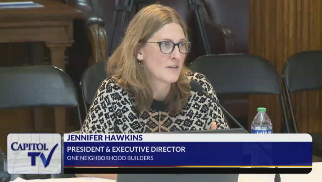 Jennifer Hawkins testifies before the Special Legislative Commission to Study Housing Affordability on Nov. 16, 2023.