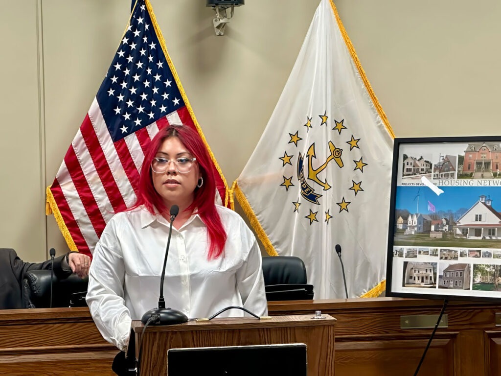 Wendy Sanchez, ONE Neighborhood Builders' Resident Services Manager, speaks at a HomesRI news conference on Feb. 29, 2024. Photo by Kyle McKendall/ONE Neighborhood Builders